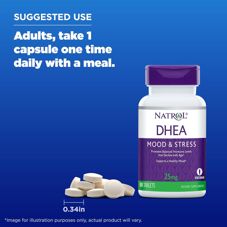 Natrol Mood & Stress Dhea 25Mg With Calcium, Dietary Supplement For Balance Of Certain Hormone Level And Mood Support, 90 Tablets, 90 Day Supply