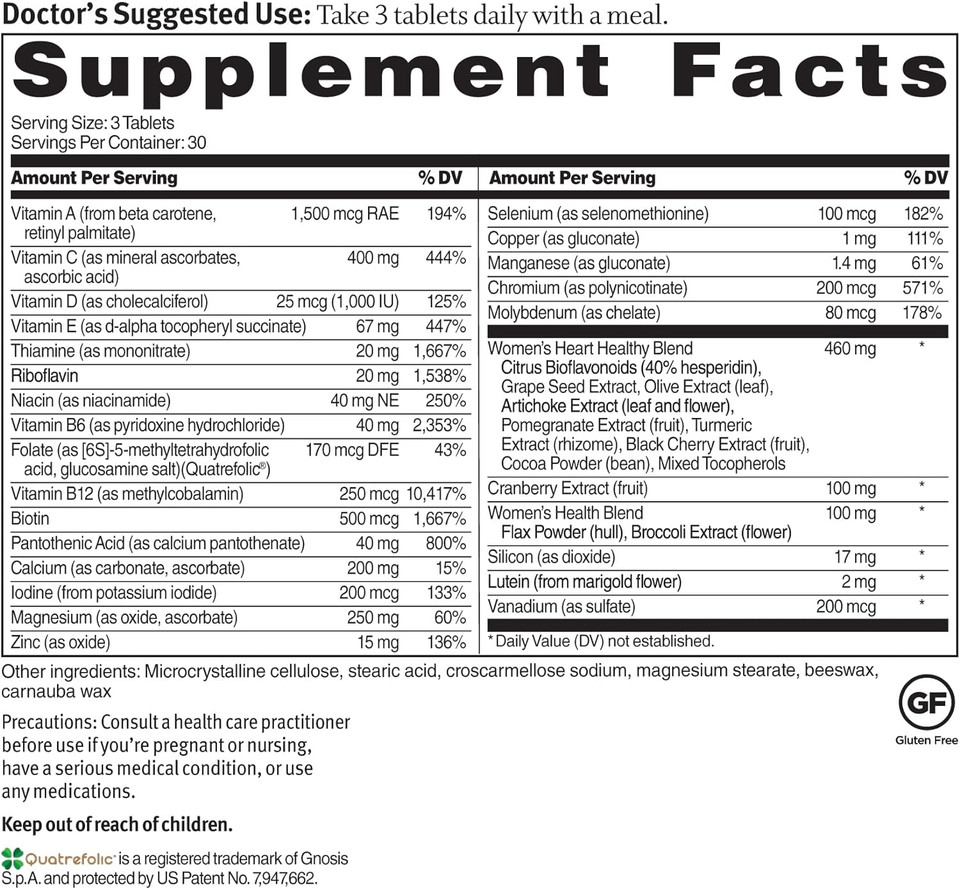 Dr. Sinatra Heart Healthy Multivitamin For Women With Vitamin D 1000 Iu, A, B12, C, E, Biotin, Folate, And Zinc, 90 Tablets (30-Day Supply)
