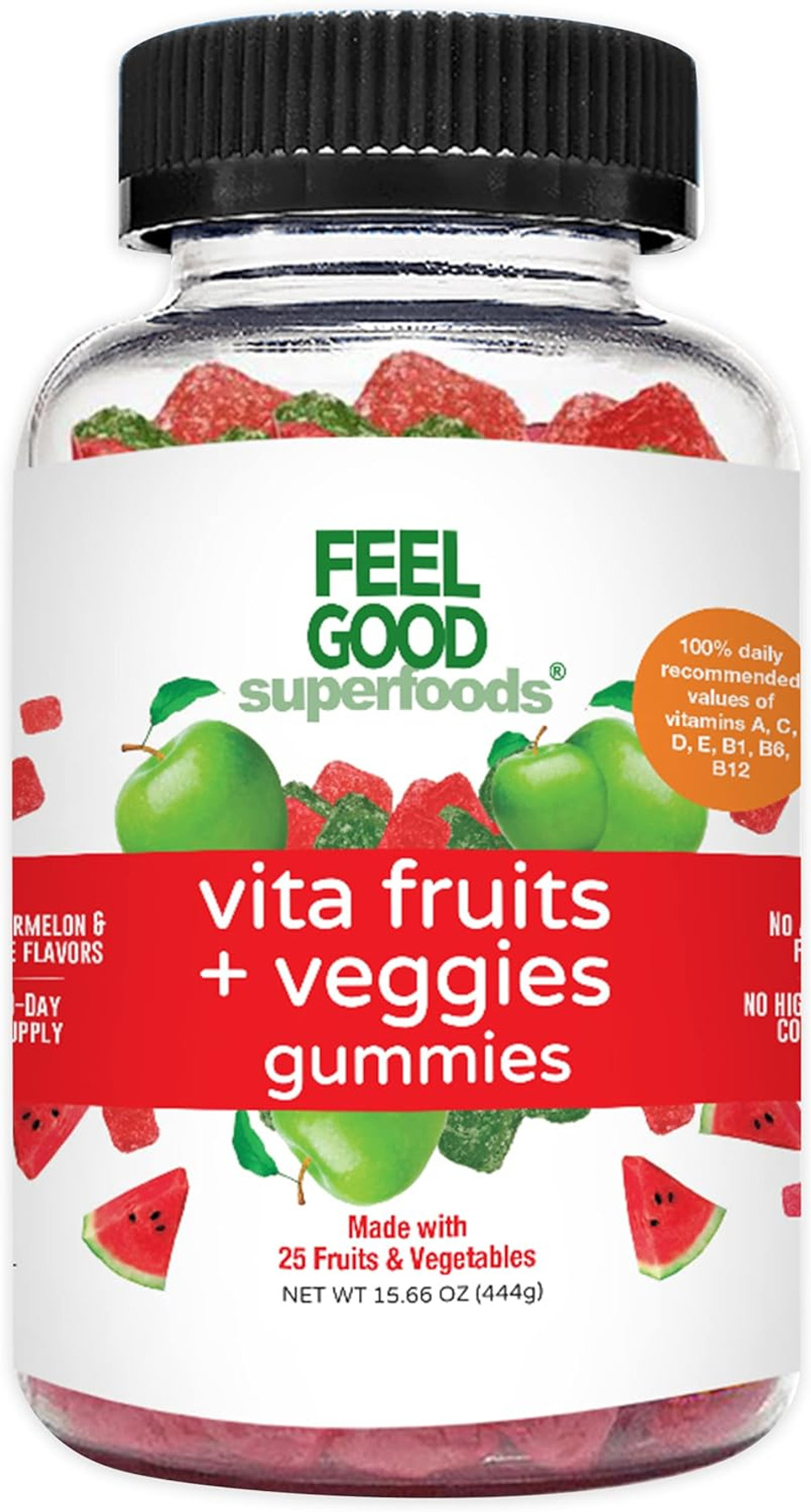 Feelgood Superfoods Vita Fruits And Veggies Supplements, Multivitamin Fruit And Vegetable Gummies, 25 Fruits And Vegetables, Watermelon And Apple Flavors, Vegan, Non-Gmo, 60 Count