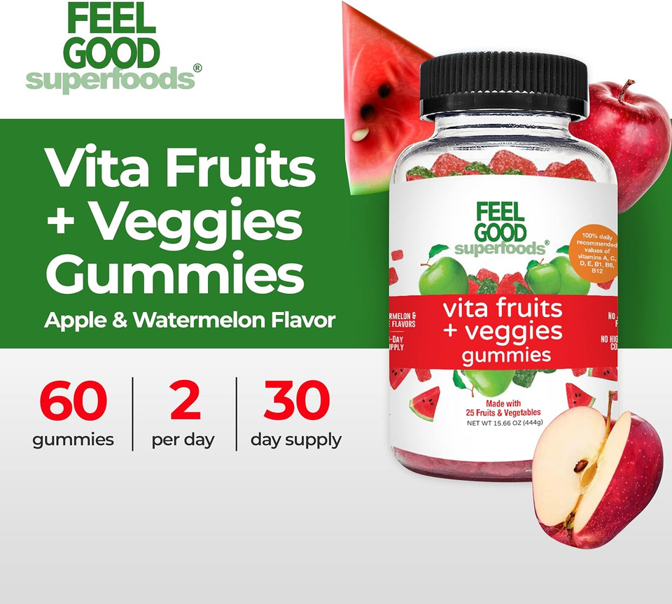Feelgood Superfoods Vita Fruits And Veggies Supplements, Multivitamin Fruit And Vegetable Gummies, 25 Fruits And Vegetables, Watermelon And Apple Flavors, Vegan, Non-Gmo, 60 Count