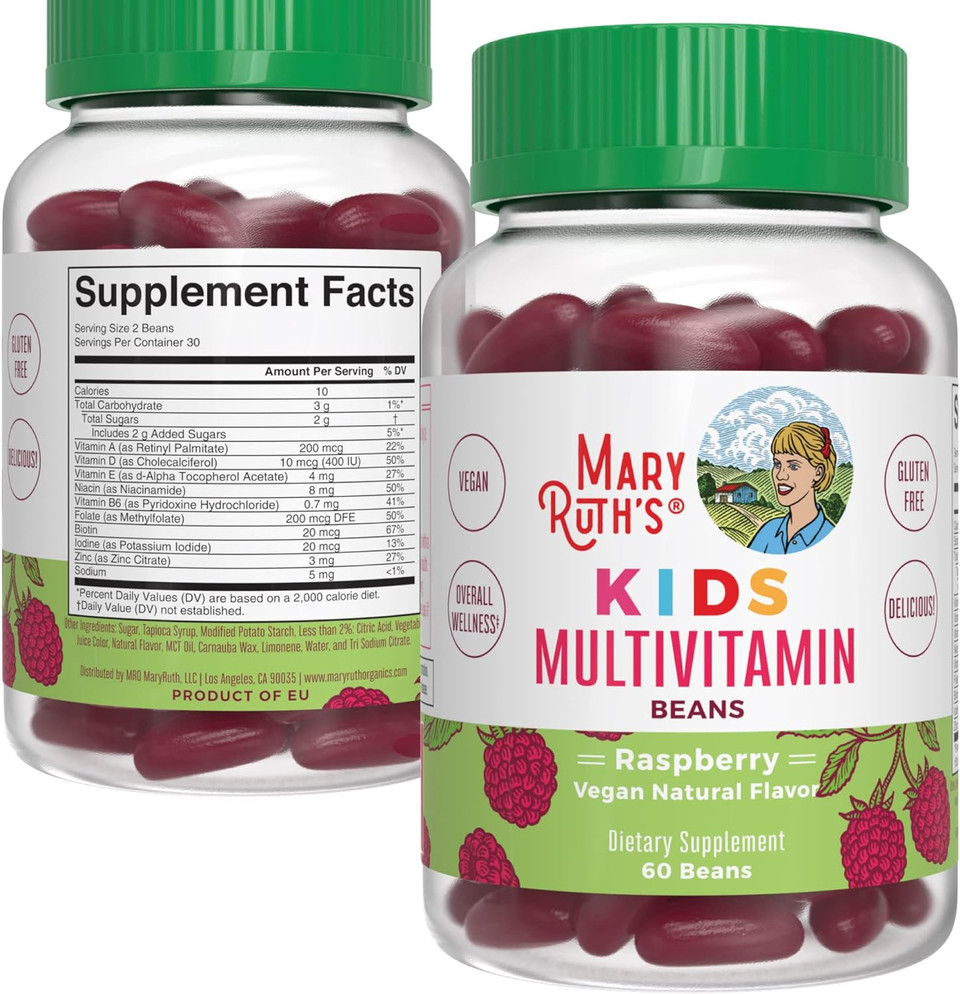 Maryruth'S Multivitamin Multimineral Vita-Beans For Kids | Vegan Chewable Vitamins For Ages 4+ | Immune Support | Bone Health | Raspberry Flavor | 60 Count