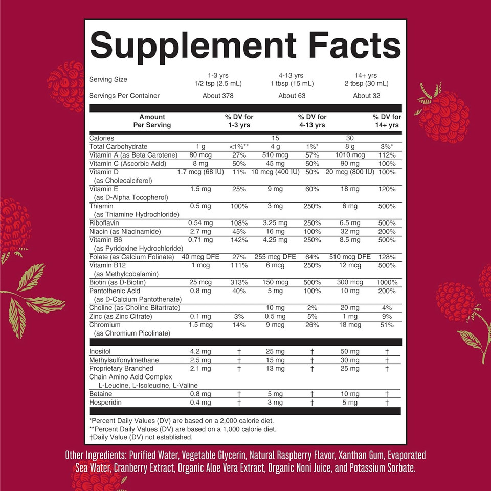 Multivitamin For Women Men & Kids By Maryruth'S | No Added Sugar | Morning Raspberry | Liquid Vitamins For Adults & Kids | Mens, Womens Multivitamin | Energy & Beauty Booster | 16-1 Fl Oz Bottles