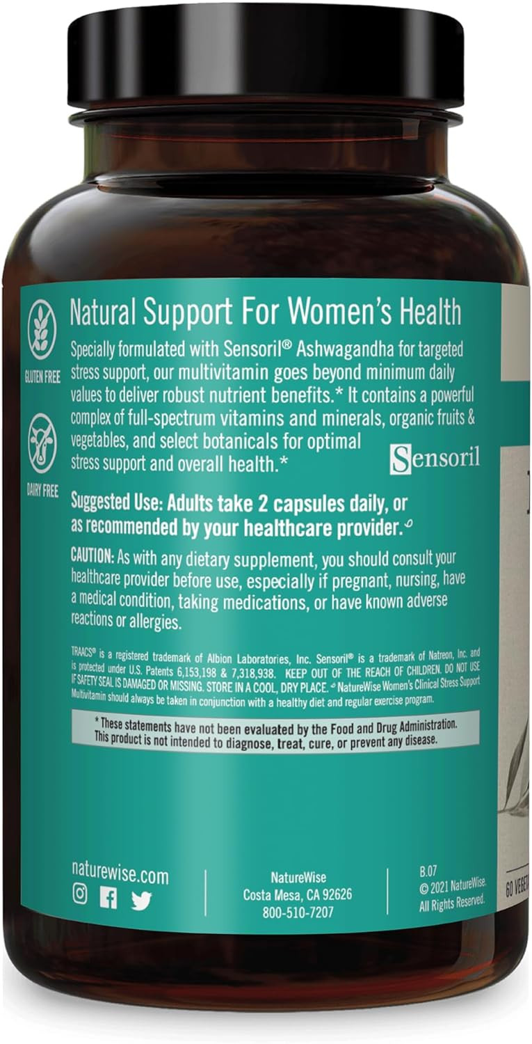 Naturewise Womenã¢ÂS Stress Support Multivitamin & Minerals Whole Food Complex With Sensoril Ashwagandha, Probiotics For Energy, Focus, Mood Balance (Packaging May Vary) (1 Month Supply ÃÂ 60 Capsule)