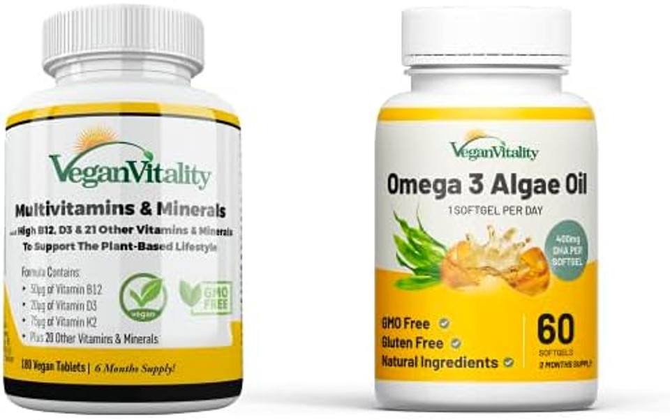 Vegan Vitality Immunity Booster Bundle - Vegan Multivitamins And Vegan Omega 3 Algae Oil. High Strength Plant Based Formula For Immunity, Energy Overall Health For Vegans And Vegetarians