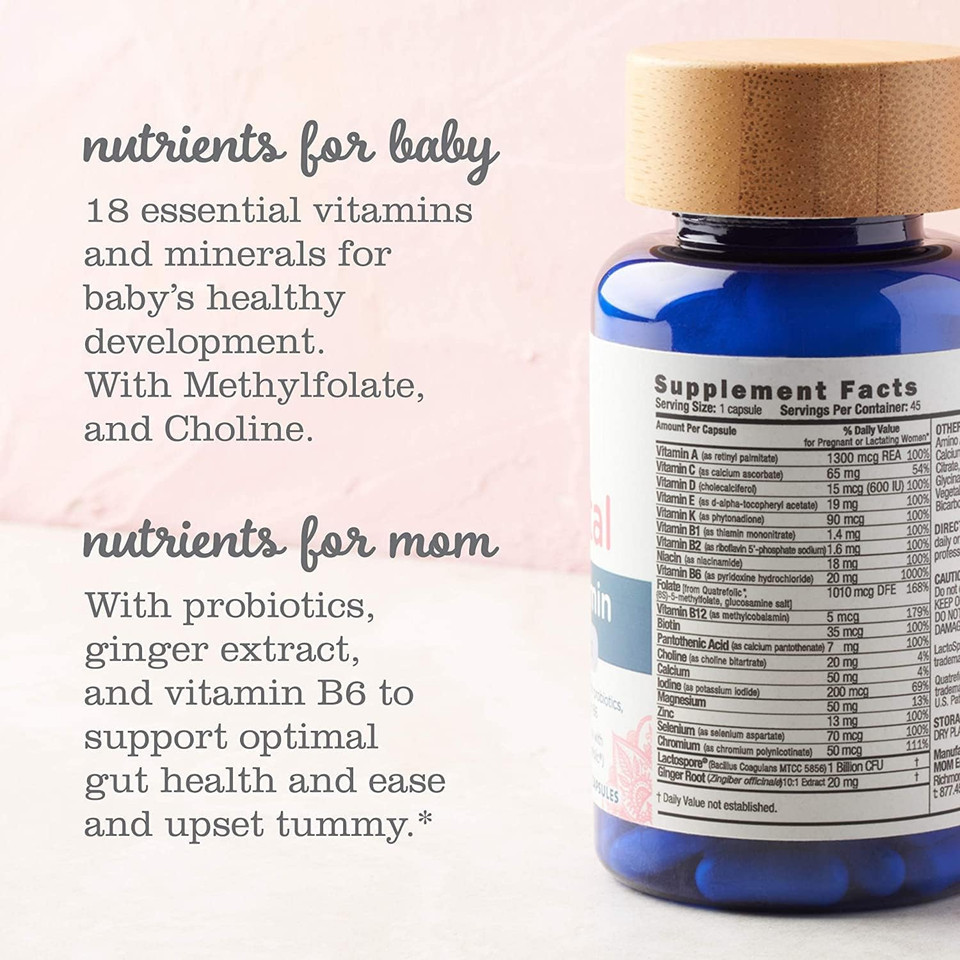 Mommy's Bliss Prenatal Multivitamin + Probiotic for Women w/ Folic Acid, Supports Baby Development & Mom's Digestion w/ Zinc, Vitamin B6 & B12, Ginger & Choline, Vegan & Gluten Free (45 Servings)