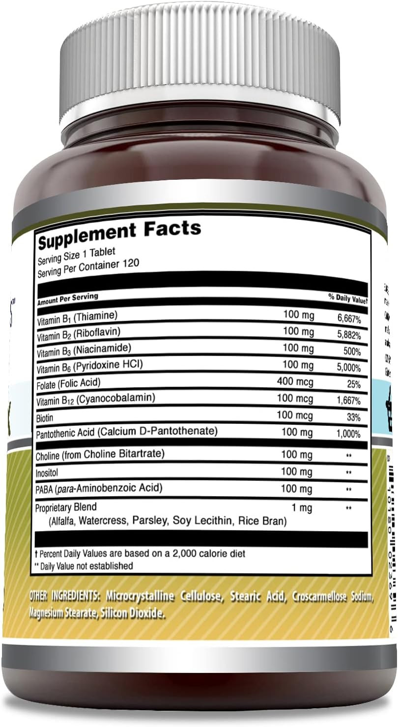 Amazing Formulas Vitamin B Complex With 11 Key Nutrients | 120 Tablets Supplement | Vitamin B1, B2, B3, B6, B12, Folic Acid, Biotin, Choline, Inositol, Paba