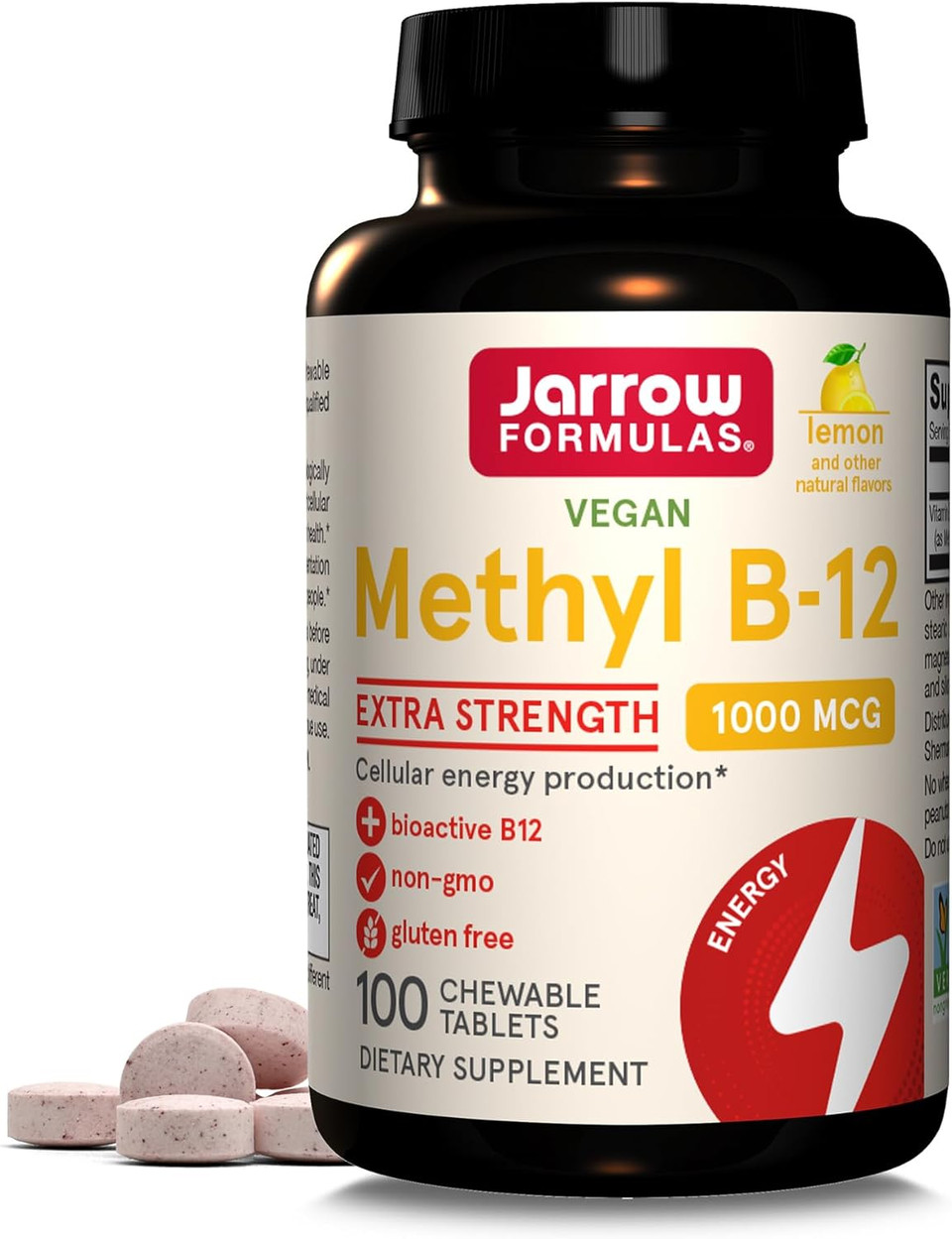 Jarrow Formulas Extra Strength Methyl B-12 1000Mcg, Dietary Supplement For Cellular Energy Production And Brain Health Support, 100 Lemon-Flavored Chewable Tablets, 100 Day Supply100 Servings (Pack Of 1)