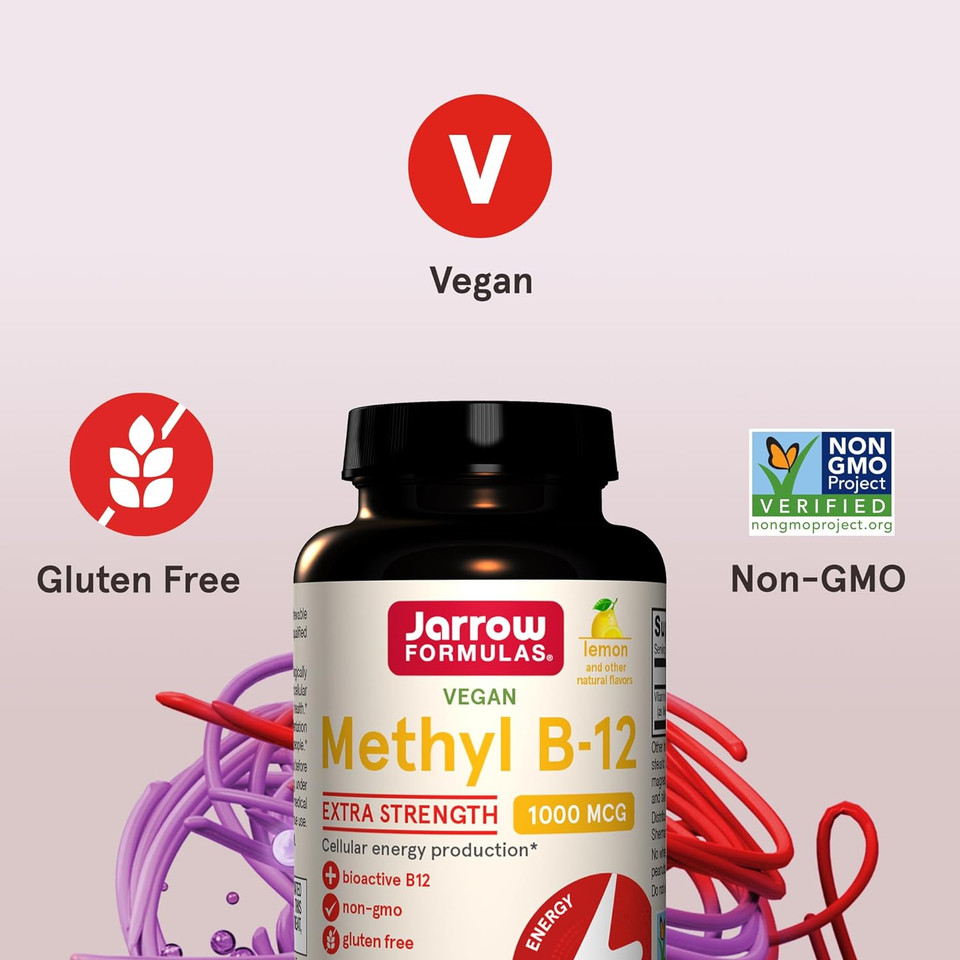 Jarrow Formulas Extra Strength Methyl B-12 1000Mcg, Dietary Supplement For Cellular Energy Production And Brain Health Support, 100 Lemon-Flavored Chewable Tablets, 100 Day Supply100 Servings (Pack Of 1)