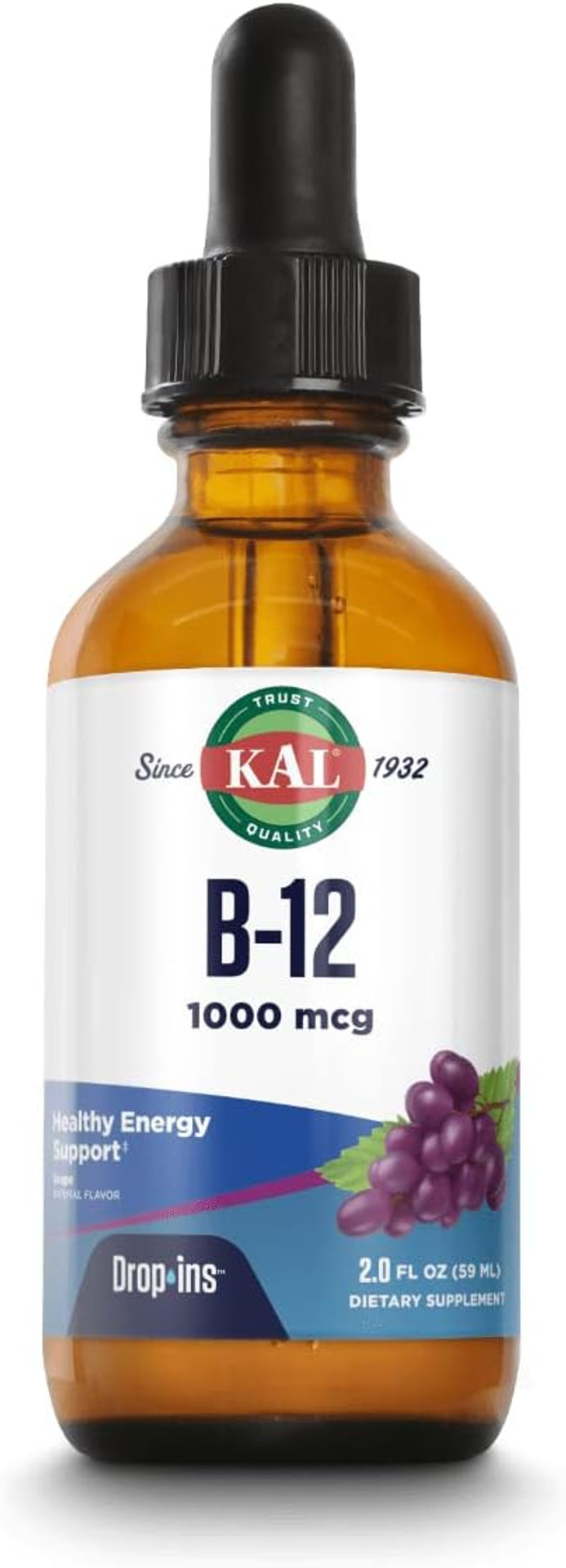 Kal B12 1000 Mcg Dropins, High Absorption Liquid B12 Vitamin, Healthy Energy Supplements For Metabolism, Heart Health, Nerve, Red Blood Cell Support, Natural Grape Flavor B12 Drops, 196 Servings, 2Oz