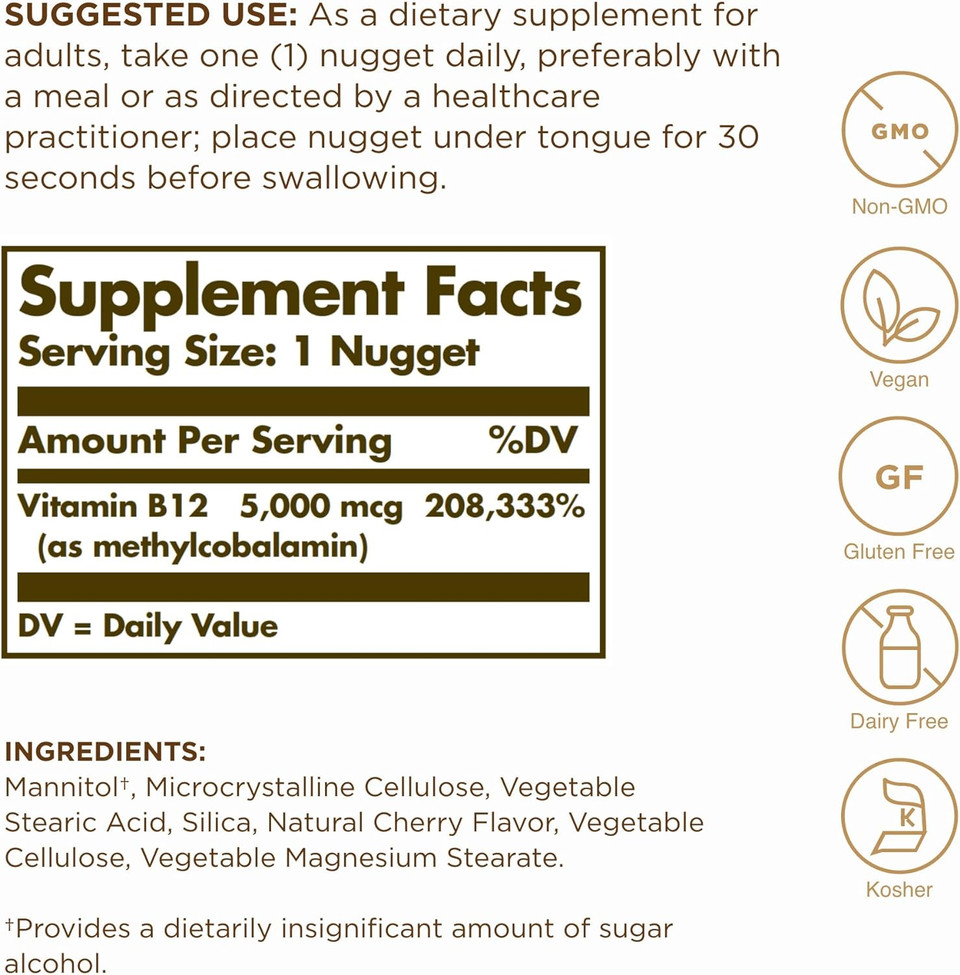 Solgar Methylcobalamin (Vitamin B12) 5000 Mcg, 30 Nuggets - Supports Energy Metabolism - Body-Ready, Active Form Of B12 - Vitamin B - Non Gmo, Vegan, Gluten, Dairy Free, Kosher - 30 Servings30 Count (Pack Of 1)