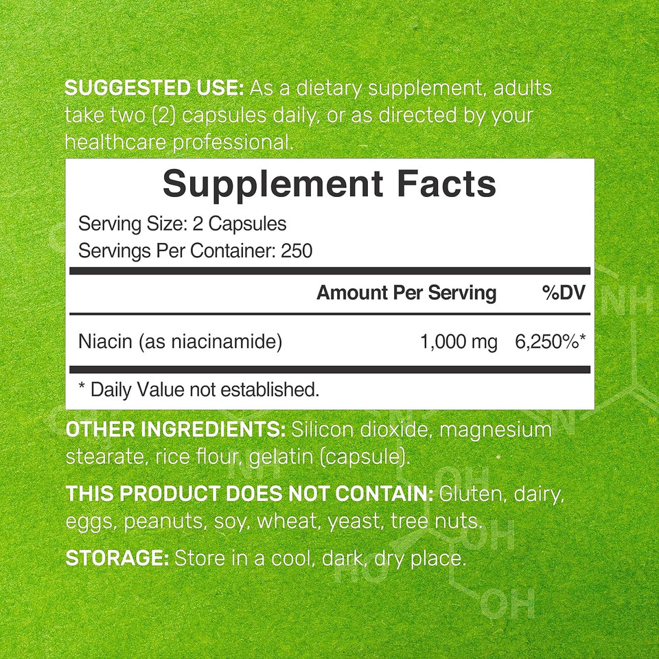 Vitamin B3 Nicotinamide 1,000Mg Per Serving  500 Capsules, Flush Free Niacin, Essential B3 Vitamin Supplement  Supports Healthy Skin & Energy Production  Non-Gmo