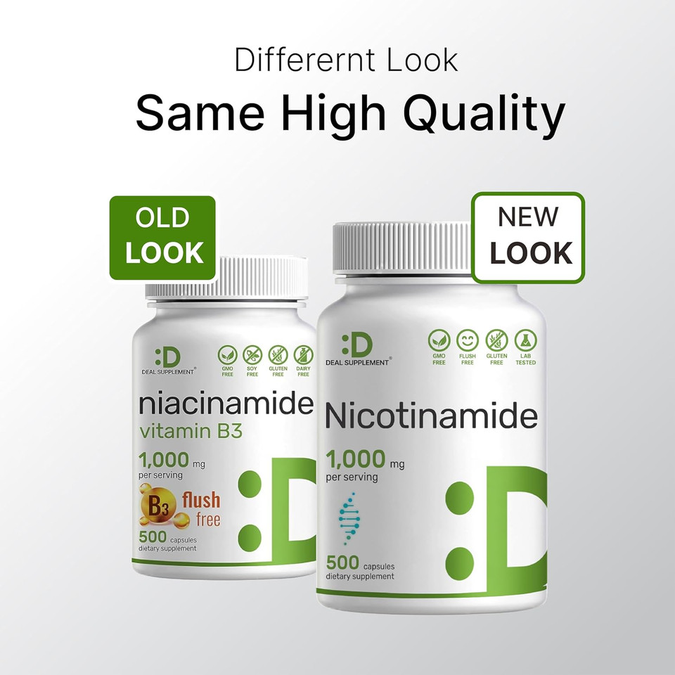 Vitamin B3 Nicotinamide 1,000Mg Per Serving  500 Capsules, Flush Free Niacin, Essential B3 Vitamin Supplement  Supports Healthy Skin & Energy Production  Non-Gmo