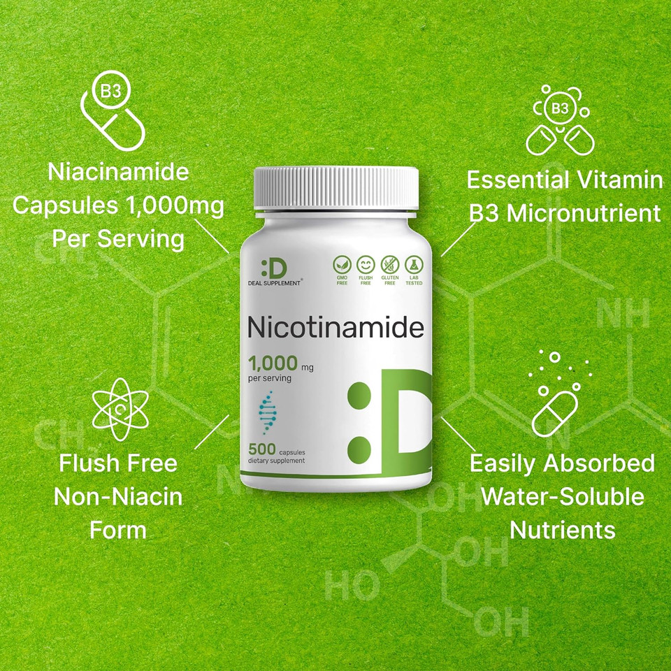 Vitamin B3 Nicotinamide 1,000Mg Per Serving  500 Capsules, Flush Free Niacin, Essential B3 Vitamin Supplement  Supports Healthy Skin & Energy Production  Non-Gmo