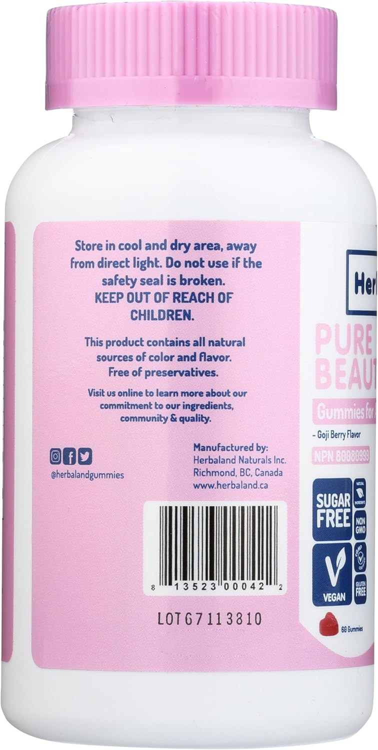 Herbaland Vegan Biotin Beauty Gummies  Contains Biotin, Folate, Vitamin B12, Zinc, Sugar-Free And Gluten-Free, For Healthy Nails, Hair, And Skin  Goji Berry Flavor, 60 Count, Compostable Pouch