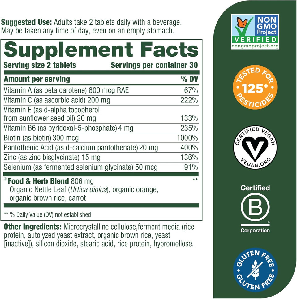 Megafood Skin, Nails & Hair 2 - Vitamins For Women & Men - Biotin, Vitamin A, Vitamin C, Zinc, Vitamin B6, Vitamin E, Pantothenic Acid - Vegan - Made Without 9 Food Allergens - 60 Tabs (30 Servings)