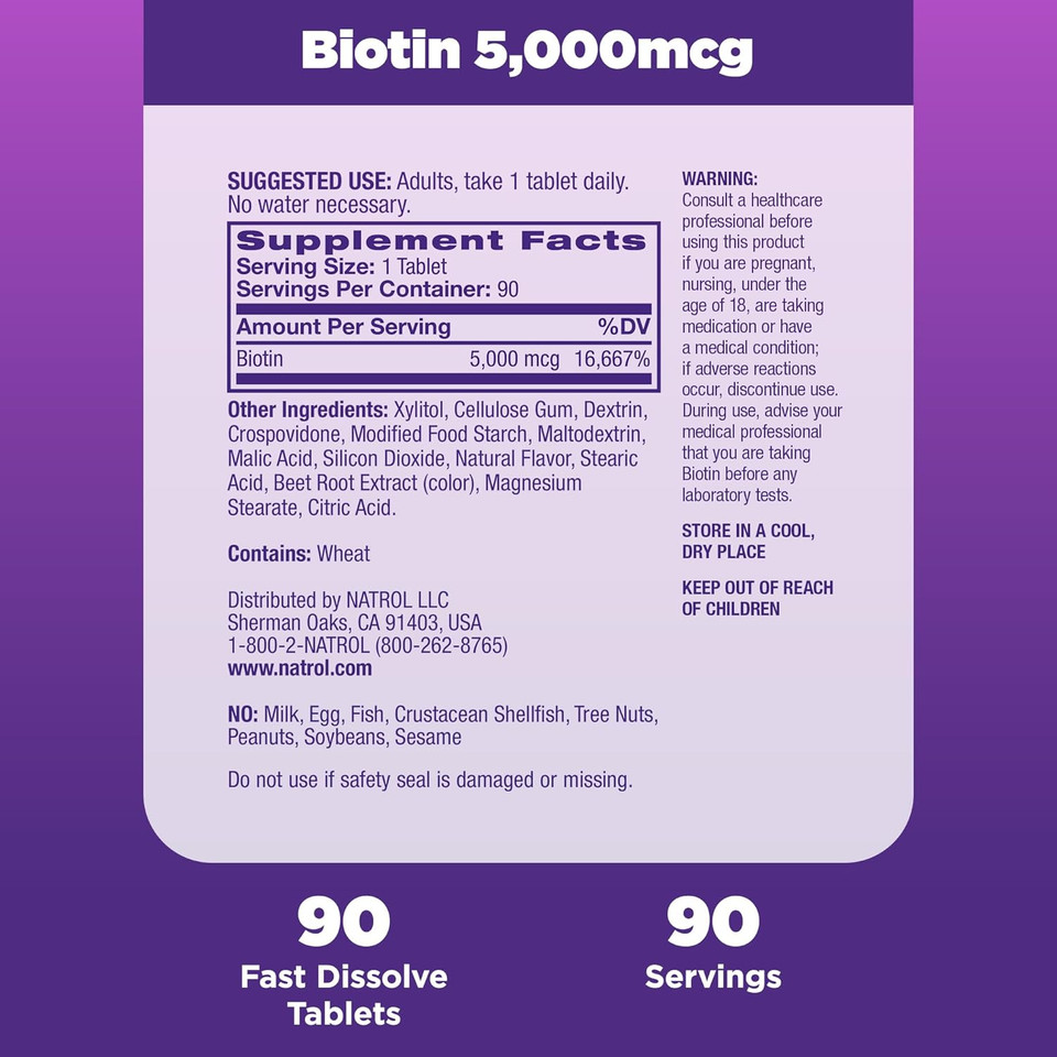 Natrol Beauty Biotin 5000Mcg, Dietary Supplement For Healthy Hair, Skin, Nails And Energy Metabolism, 90 Strawberry-Flavored Fast Dissolve Tablets, 90 Day Supply