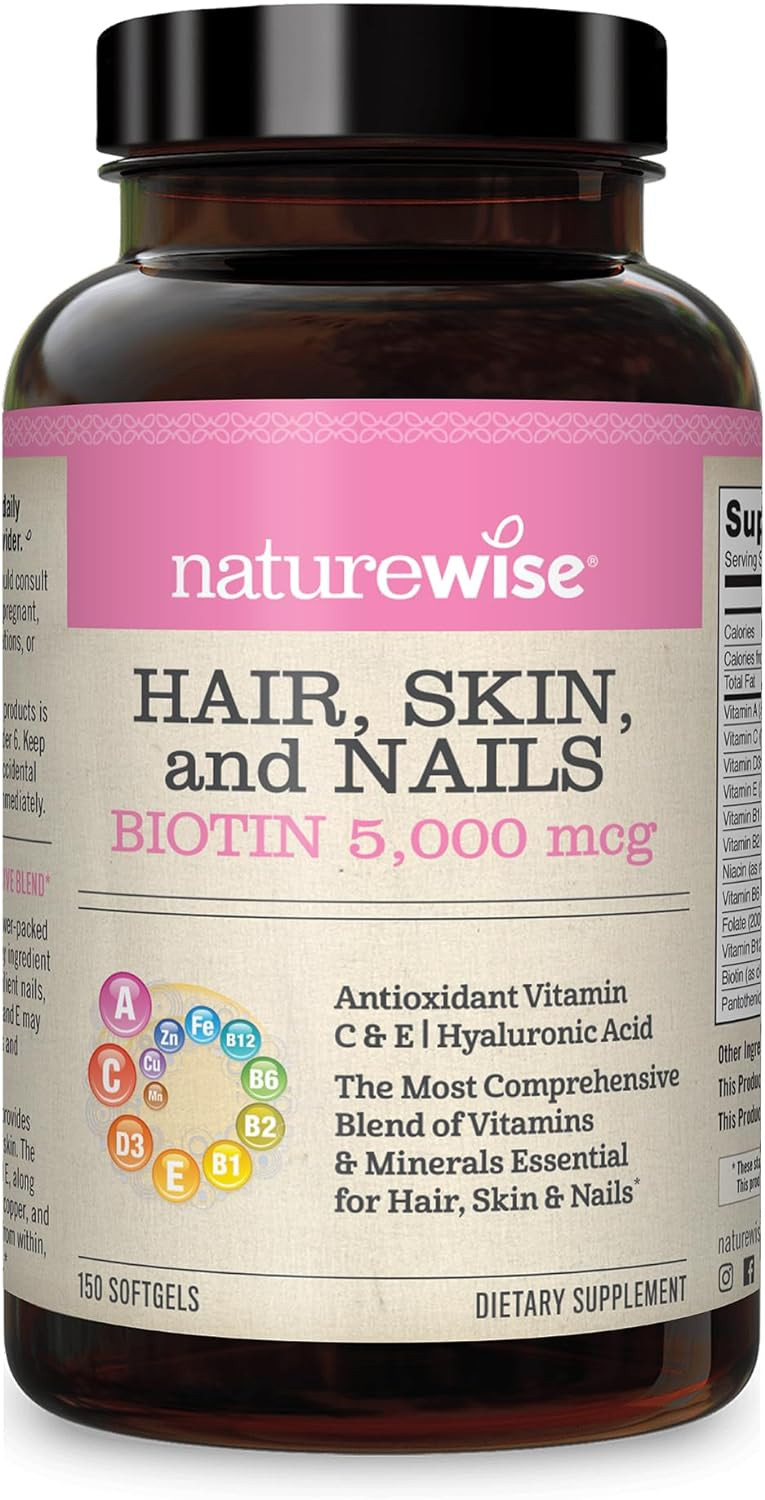 Naturewise Hair, Skin, And Nails Biotin 5,000 Mcg With Hyaluronic Acid And Vitamins A, C, D3, E, B1, B2, B3, B5, B6, B9, B12, Plus Biotin - The Most Comprehensive Blend (150 Softgels)