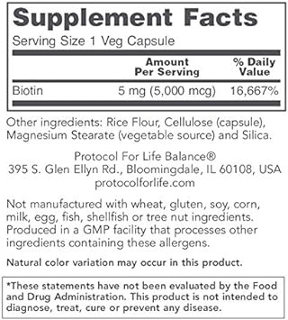 Protocol Biotin 5,000Mcg - Normal Glucose Metabolism - Hair, Skin, And Nails - 90 Veg Caps