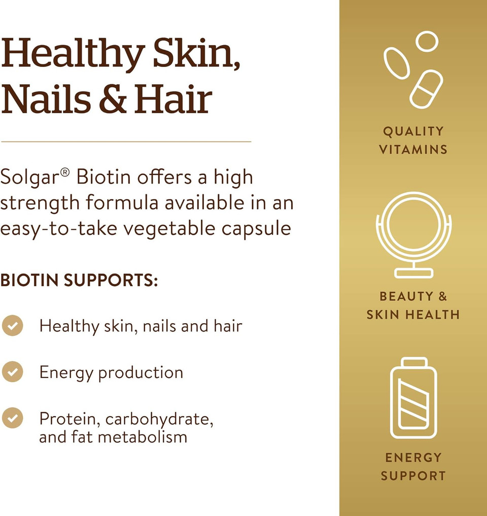 Solgar Biotin 1000 Mcg, 250 Vegetable Capsules - Supports Healthy Skin, Nails & Hair - Energy Metabolism - Enhanced Potency - Non-Gmo, Vegan, Gluten Free, Dairy Free, Kosher, Halal - 250 Servings