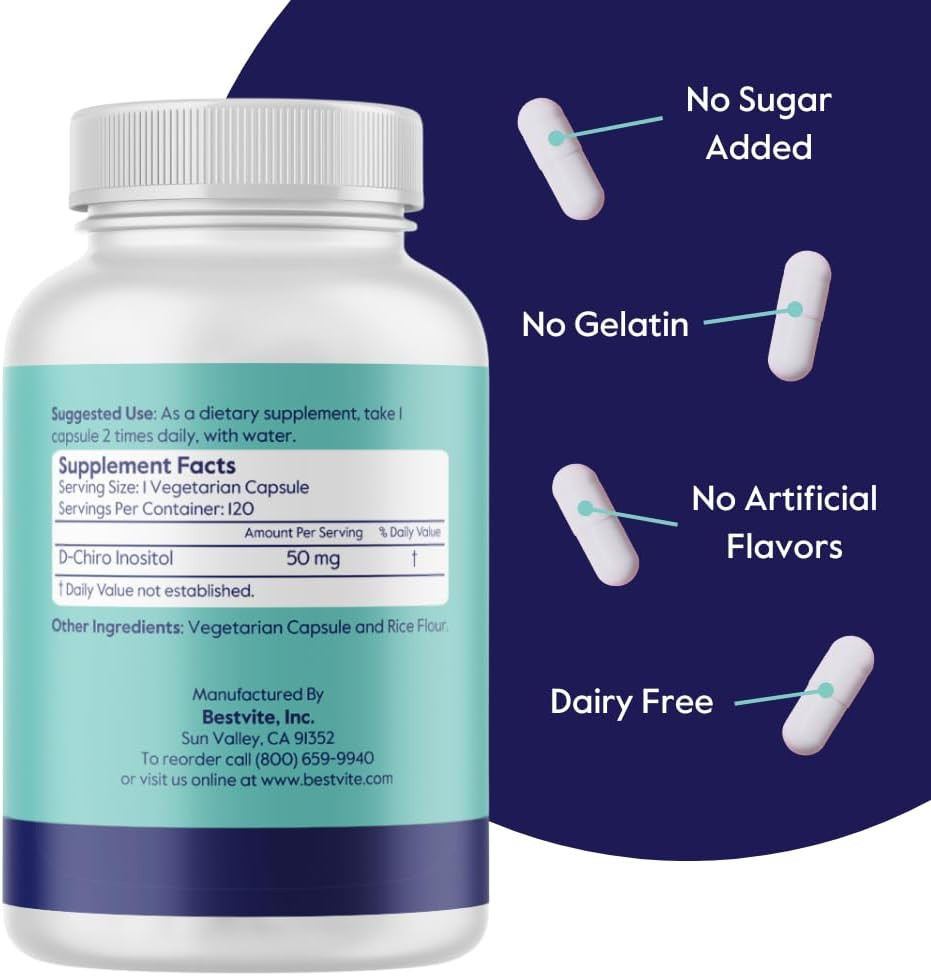 Bestvite D-Chiro Inositol (120 Vegetarian Capsules) - No Stearates - Vegan - Non Gmo - Gluten Free - 1 Capsule For 40:1 Inositol Ratio