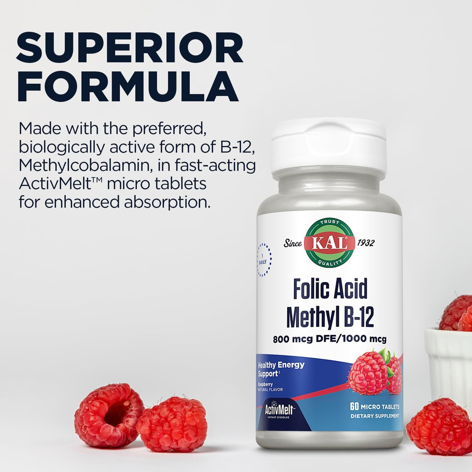 Kal 800 Mcg Folic Acid Methyl B-12 Tablets, Raspberry, 60 Count