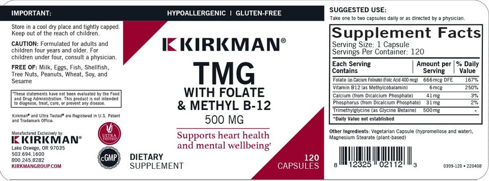 Tmg (Trimethylglycine) 500 Mg W/Folinic Acid & B12 Capsules - Hypo 120 Capsules