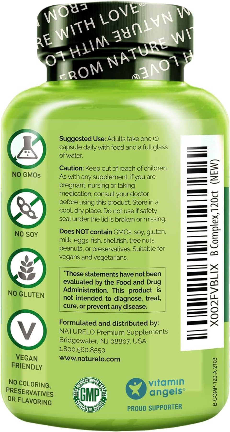 Naturelo Vitamin B Complex With Methyl B12, Methyl Folate, Vitamin B6, Biotin Plus Choline, Coq10, And Fruit & Vegetable Blend - Supports Energy & Healthy Stress Response - Vegan - 120 Capsules120 Count (Pack Of 1)