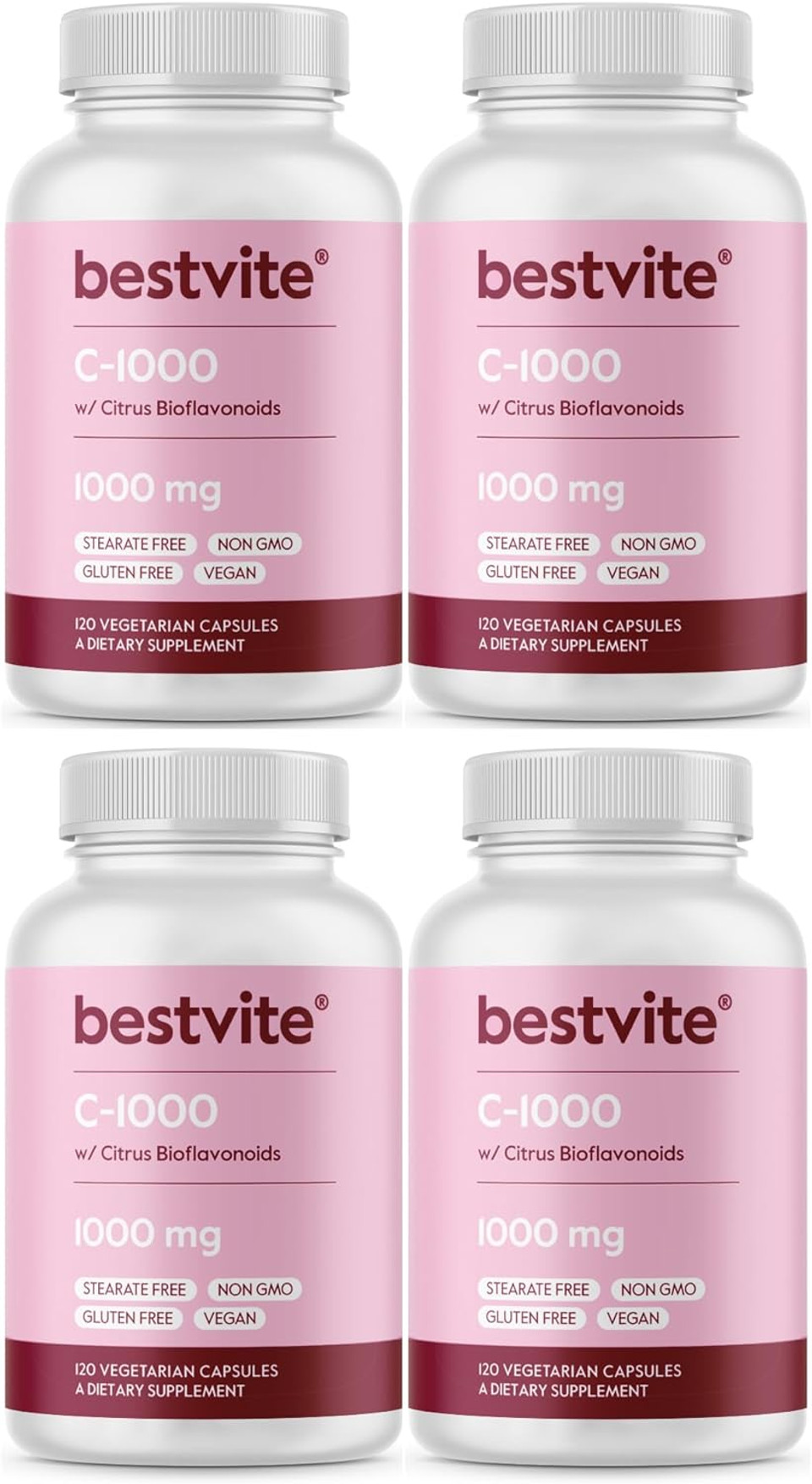 Bestvite Vitamin C 1000Mg (480 Vegetarian Capsules) (120 X 4) With Citrus Bioflavinoids - No Stearates - Vegan - Non Gmo - Gluten Free1 Count (Pack Of 480)