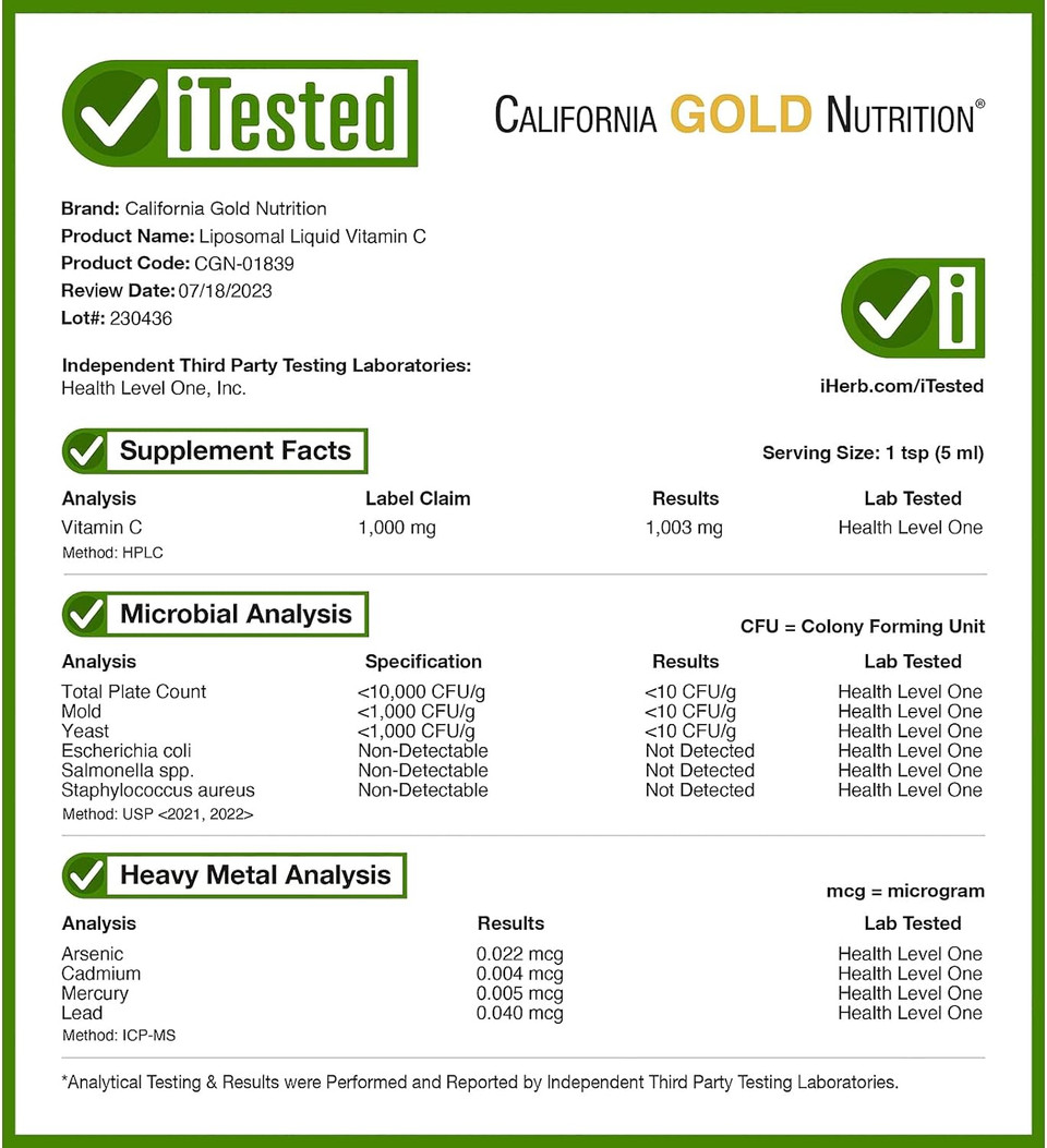 Liposomal Liquid Vitamin C, 1,000 Mg, 250 Ml, California Gold Nutrition