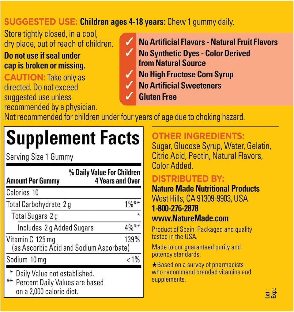 Nature Made Kids First Vitamin C Gummies, Dietary Supplement For Immune Support, 110 Gummies, 110 Day Supply