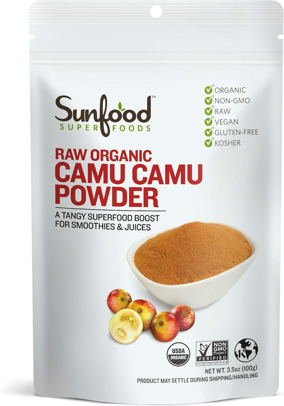 Sunfood Camu Camu Powder. Raw, Organic. 100% Pure Camu Camu Super Berry. No Fillers, Additives Or Preservatives. Great For Drinks, Juices, Smoothies. Natural Source Of Vitamin C. 3.5 Oz Bag