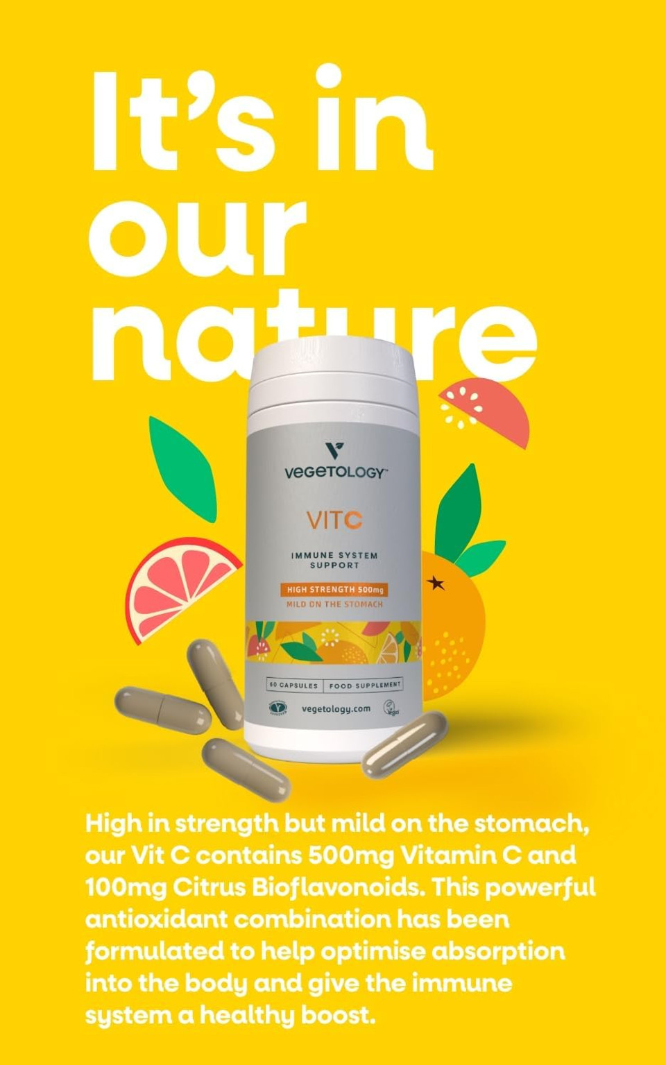 Vegetology Vegan Vitamin C Supplements  Vit C + Citrus Bioflavonoids  Vitamins And Health Supplements  Daily Supplements (60 Capsules)  Vitamin C 500Mg Capsules  Antioxidants Supplement