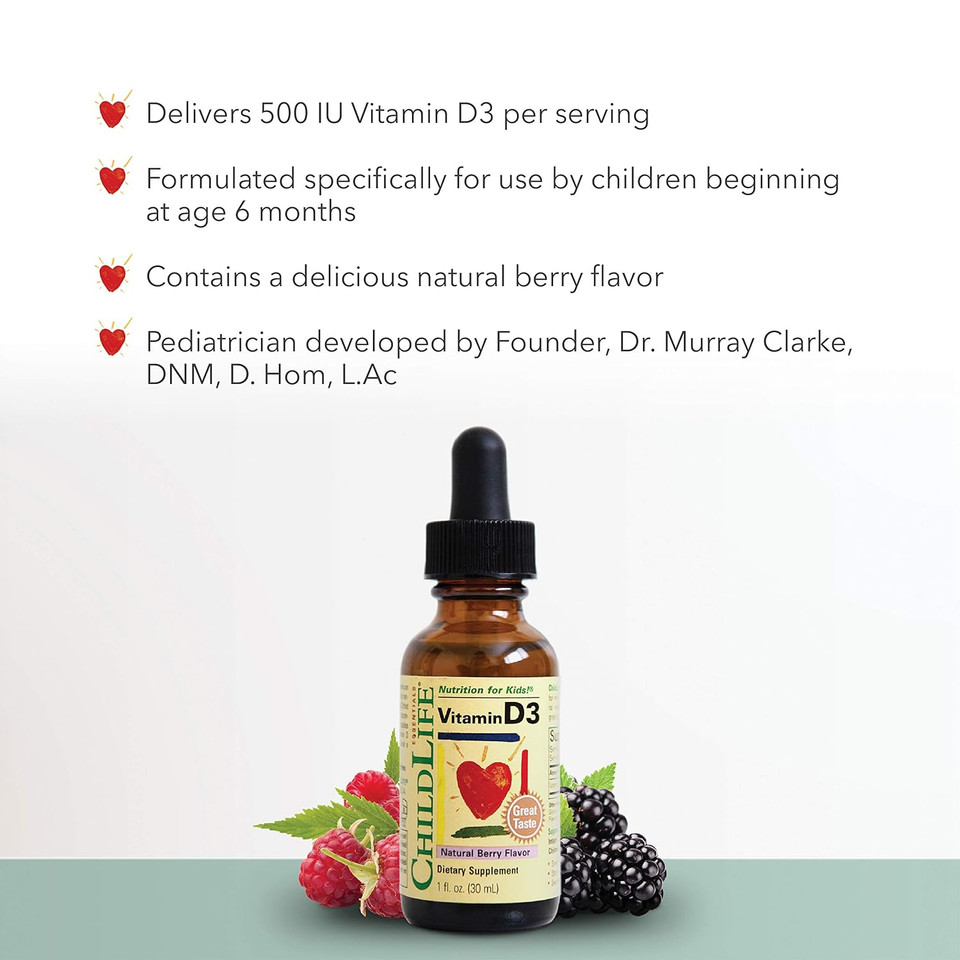 Childlife Essentials Vitamin D3 - Vitamin D Drops For Kids & Infants, Supports Immune, Respiratory, Heart, & Bone Health, All-Natural, Non-Gmo, 500 Iu (12.5 Mg) - Berry Flavor, 1 Fl. Oz Bottle