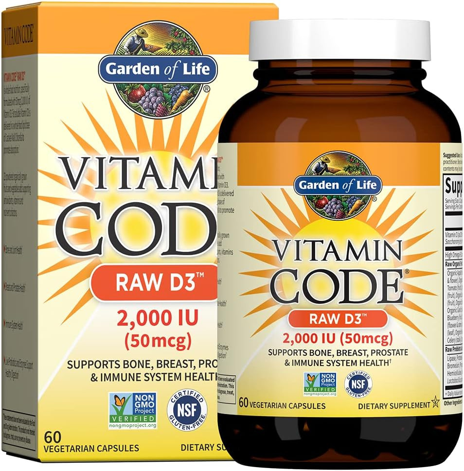 Garden Of Life Vitamin D, Vitamin Code Raw D3, Vitamin D 2,000 Iu, Raw Whole Food Vitamin D Supplements With Chlorella, Fruit, Veggies & Probiotics For Bone & Immune Health, 60 Vegetarian Capsules