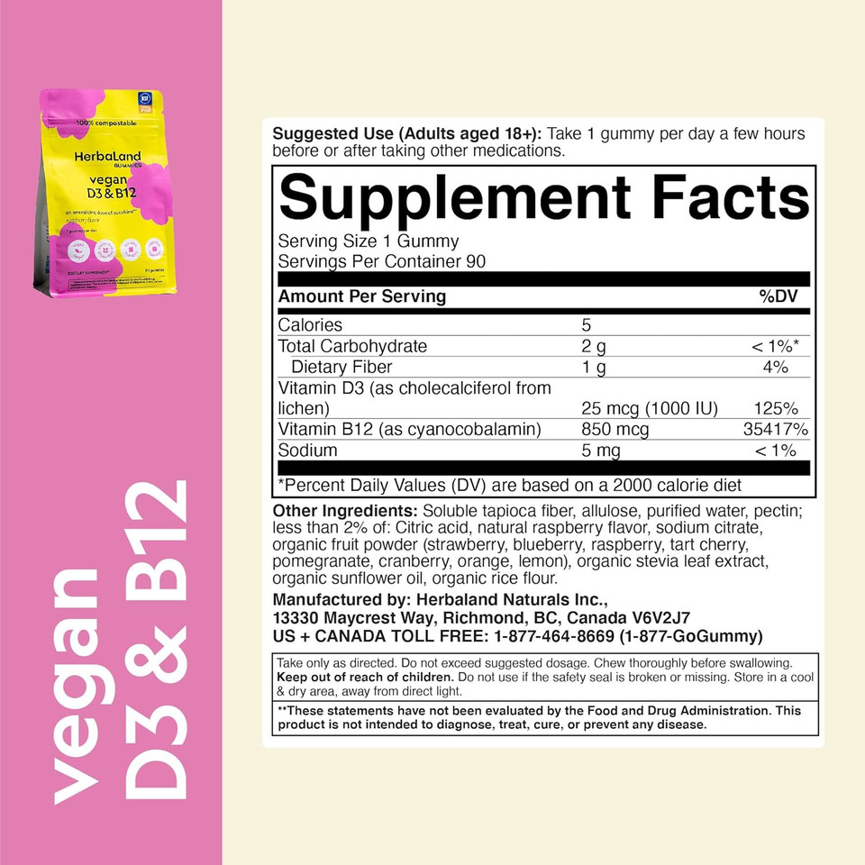 Herbaland - Vegan Vitamin D3 B12 Gummies, Vitamins For Immune System, Energy And Mood, Sugar-Free, Rich In Vitamin D And Vitamin B12, Raspberry Flavor, 2.2 Grams