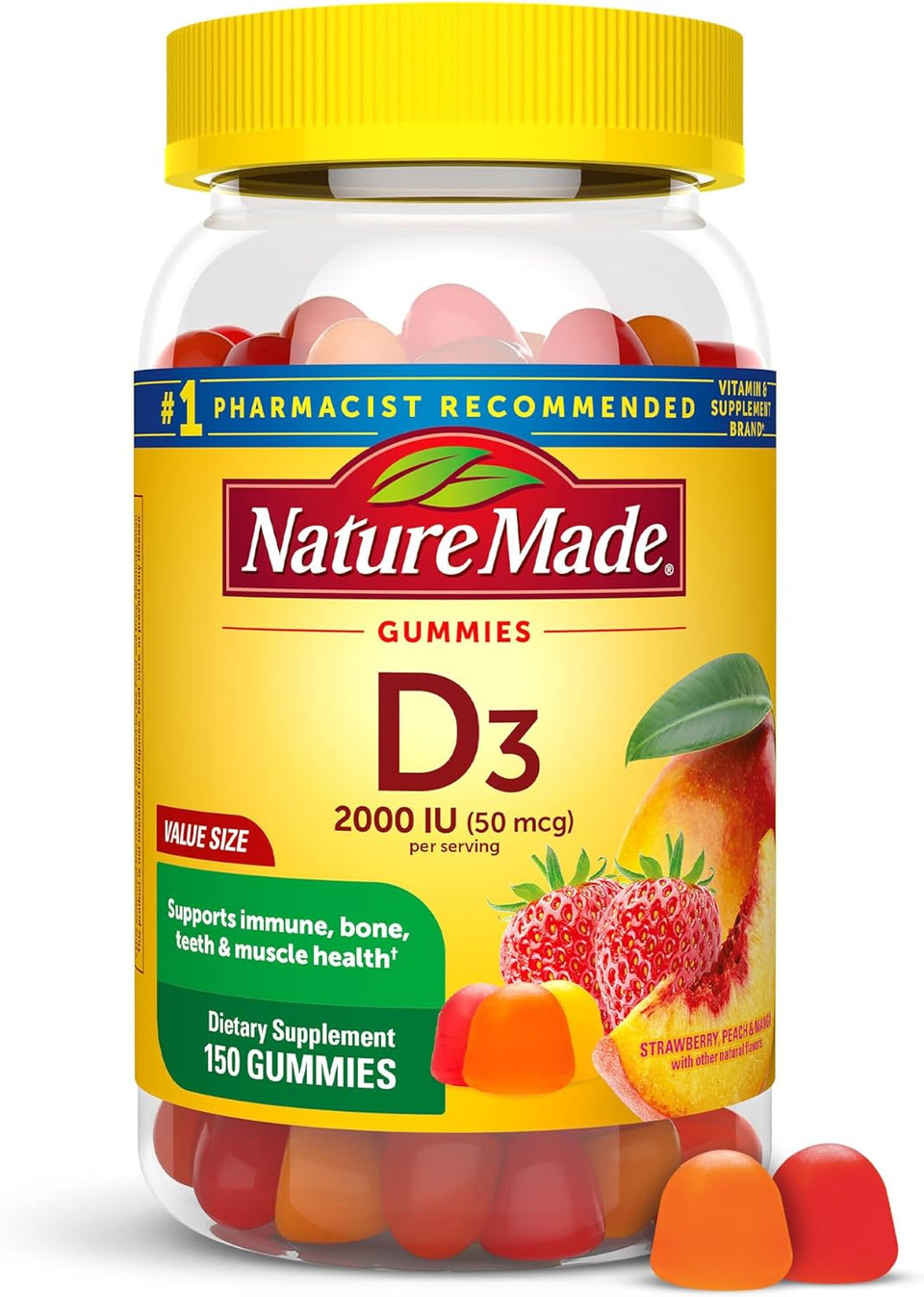 Nature Made Vitamin D3 2000 Iu (50 Mcg) Per Serving, Dietary Supplement For Bone, Teeth, Muscle And Immune Health Support, 90 Gummies, 45 Day Supply