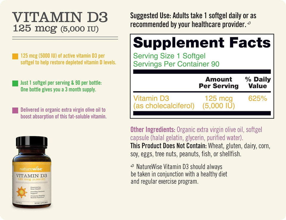 Naturewise Vitamin K2 + Vitamin D3 5,000Iu (3 Month Supply - 90 Softgels Per Bottle)