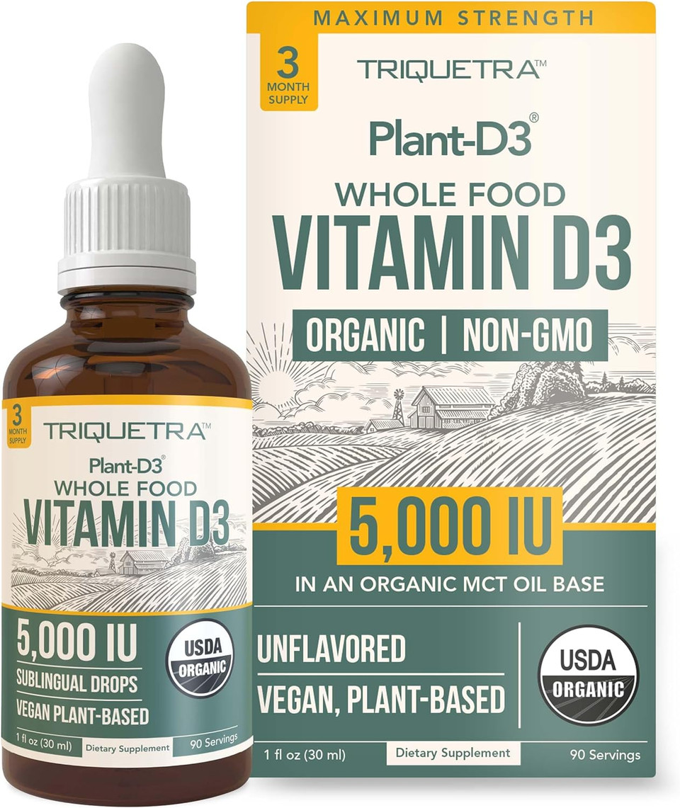 Plant-D3 Organic Vitamin D3 5000 IU - Vegan, Max Strength Sublingual Liquid D3 Drops - 200% Higher Absorption - 100% Plant-Based Cholecalciferol Form - Adjustable Dosing for All Ages (1oz Liquid)