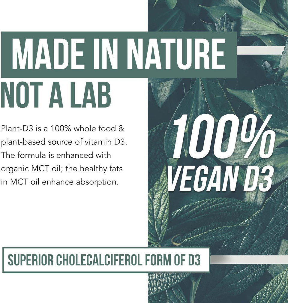 Plant-D3 Organic Vitamin D3 5000 Iu - Vegan, Max Strength Sublingual Liquid D3 Drops - 200% Higher Absorption - 100% Plant-Based Cholecalciferol Form - Adjustable Dosing For All Ages (1Oz Liquid)