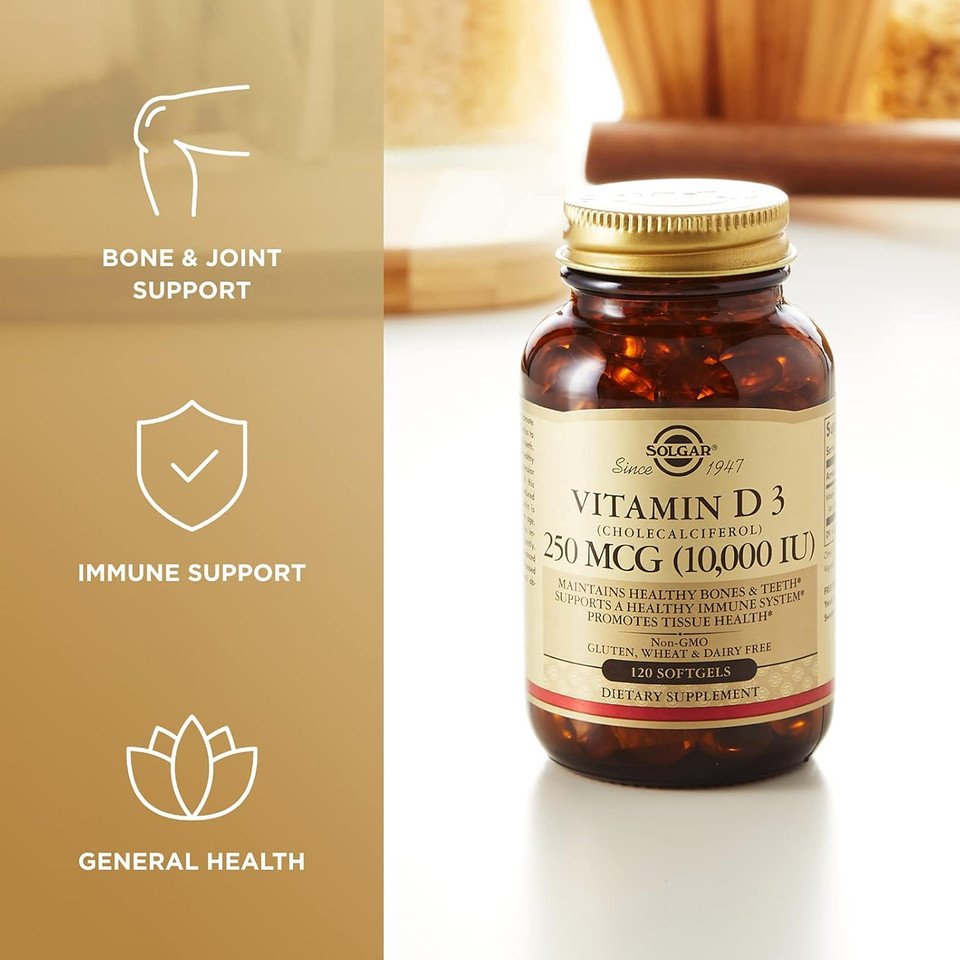 Solgar Vitamin D3 (Cholecalciferol) 250 Mcg (10,000 Iu), 120 Softgels - Helps Maintain Healthy Bones & Teeth - Immune System Support - Non Gmo, Gluten/ Dairy Free - 120 Servings