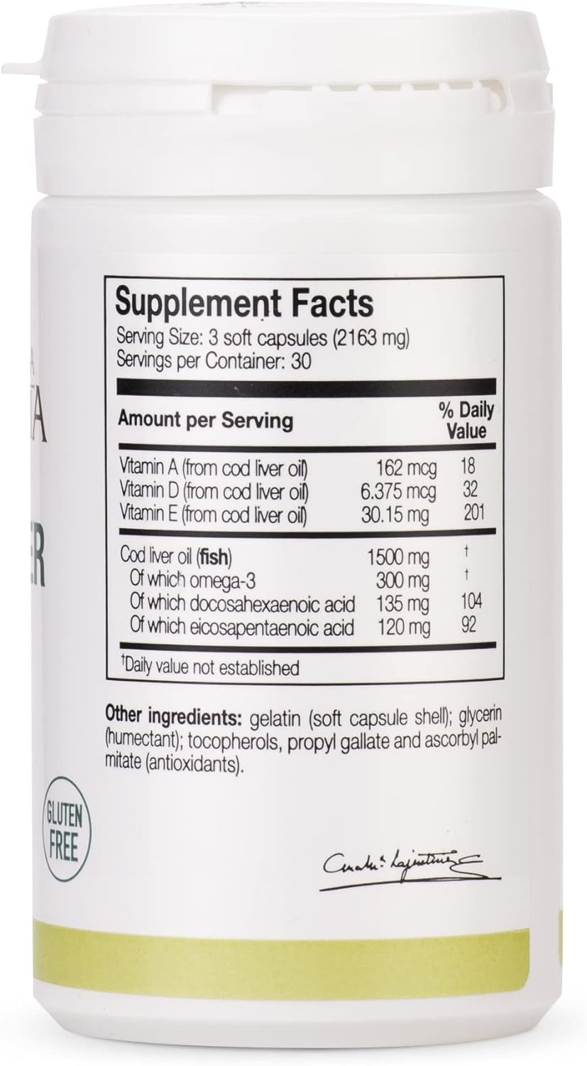 Ana Maria Lajusticia- Cod Liver Oil - Rich In Omega-3 + Vitamins A, D & E. 30-Day Treatment Pack. Cardiovascular Health. Gluten Free