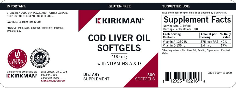 Kirkman - Cod Liver Oil With Vitamin A & D - 300 Softgels - Essential Fatty Acids - Supports Foundational Health - Hypoallergenic