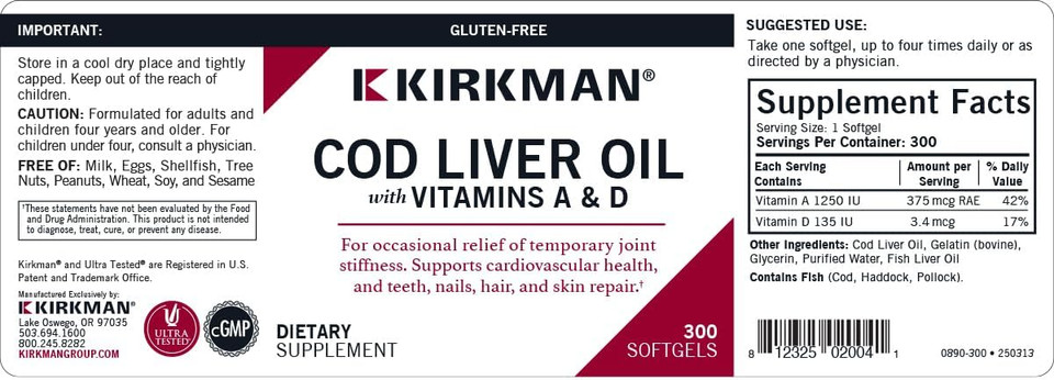 Kirkman - Cod Liver Oil With Vitamin A & D - 300 Softgels - Essential Fatty Acids - Supports Foundational Health - Hypoallergenic