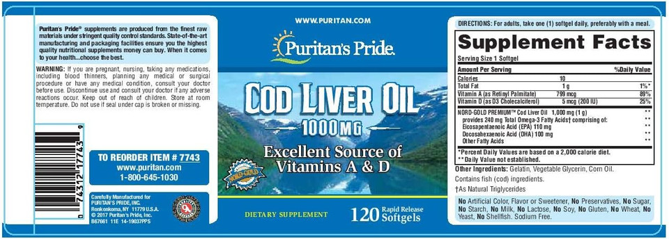 Puritan'S Pride Cod Liver Oil, 1000 Mg, 120 Count