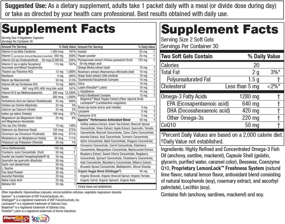 Purity Products Purity Pack (Elite Multi + Fish Oil + COQ10) 1280mg of EPA + DHA + Omega-3's from Ultra Pure Fish Oil - Power Packed with Vitamins, Minerals, Super Fruits & More - 30 to-Go Packets