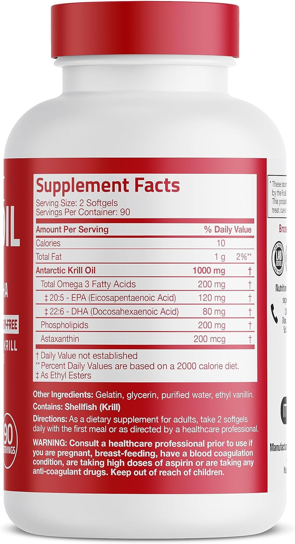 Bronson Antarctic Krill Oil 1000 mg with Omega-3s EPA, DHA, Astaxanthin and Phospholipids 180 Softgels180 Count (Pack of 1)