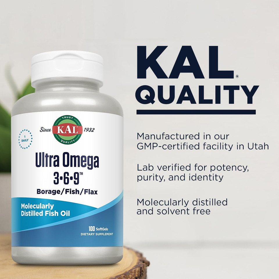 Kal Ultra Omega 3-6-9 1200Mg | Fish Oil W/Cold Pressed Flaxseed & Borage Oil | Skin, Hair, Heart, Memory | 100 Softgels