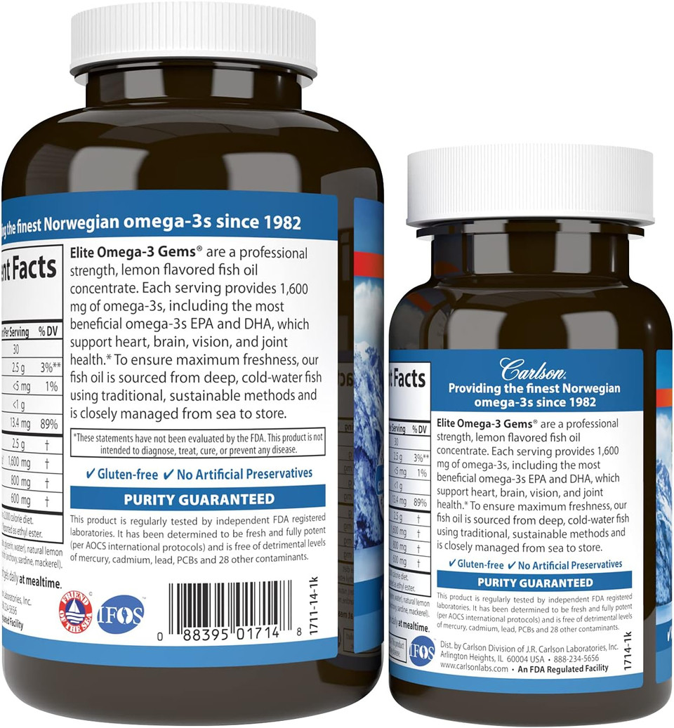 Carlson - Elite Omega-3 Gems, 1600 Mg Omega-3 Fatty Acids Including Epa And Dha, Norwegian Fish Oil Supplement, Wild Caught, Sustainably Sourced Capsules, Lemon, 90+30 Softgels120 Count (Pack Of 1)