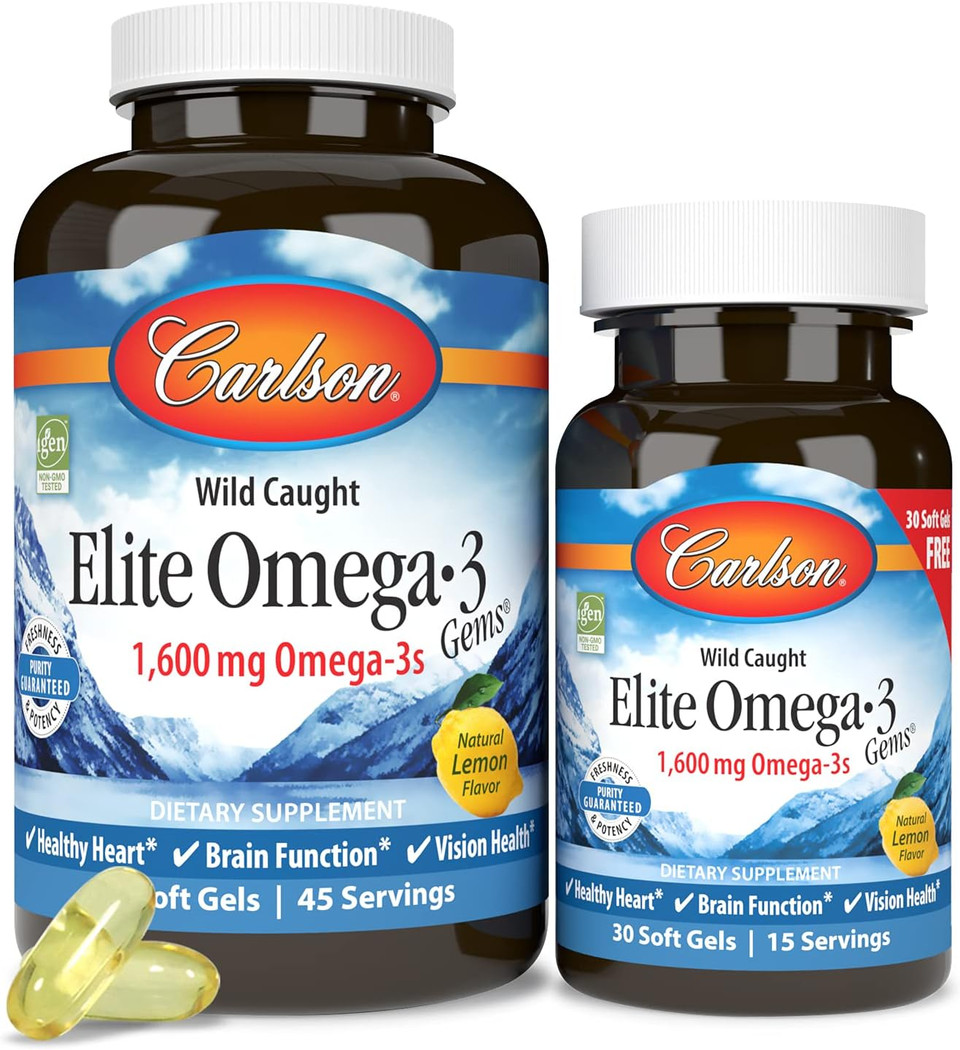Carlson - Elite Omega-3 Gems, 1600 Mg Omega-3 Fatty Acids Including Epa And Dha, Norwegian Fish Oil Supplement, Wild Caught, Sustainably Sourced Capsules, Lemon, 90+30 Softgels120 Count (Pack Of 1)