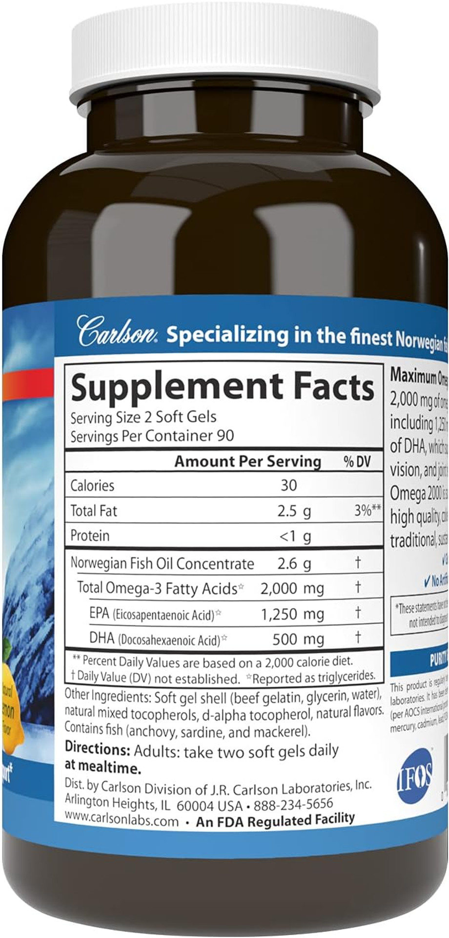 Carlson - Maximum Omega 2000, 2000 Mg Omega-3 Fatty Acids Including Epa And Dha, Wild-Caught, Norwegian Fish Oil Supplement, Sustainably Sourced Fish Oil Capsules, Lemon, 180 Softgels180 Count (Pack Of 1)